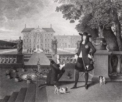 John Rose (c.1621-77) le Jardinier du Roi, Présentant à Charles II (1630-85) le Premier Ananas Cultivé en Angleterre, à Dorney Court, c.1670 - Hendrick Danckerts